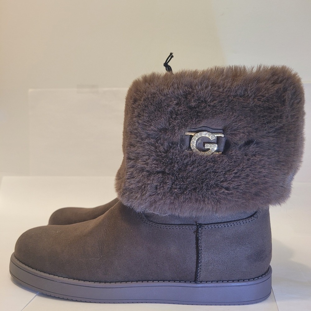 GBG Guess Los Angeles Sz 9 Faux Fur Trim Ankle‎ Boots Brown Pull On Rhinestone